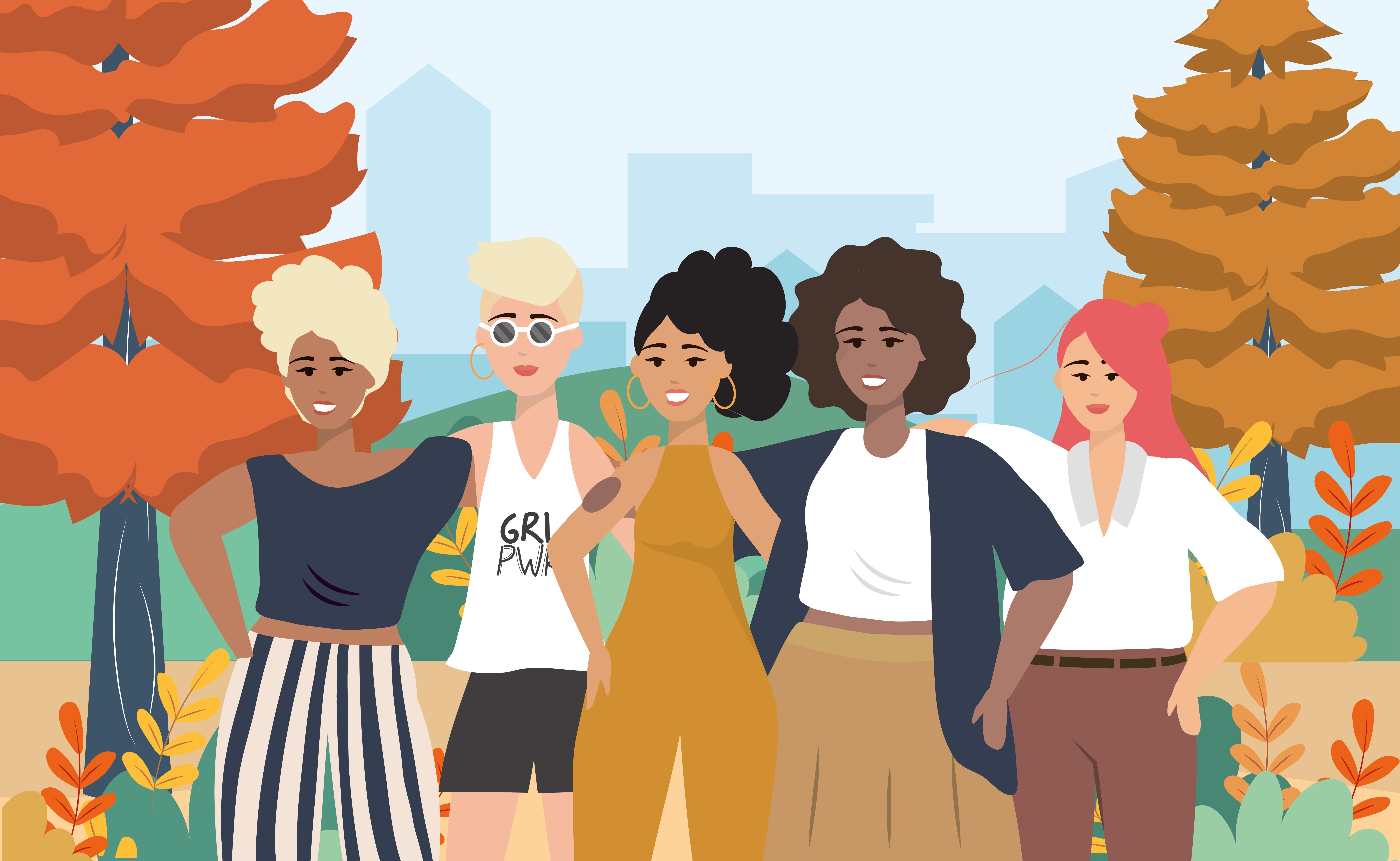 Illustration of five diverse women standing together outdoors, smiling and embracing, symbolizing unity, empowerment, and community among women entrepreneurs.