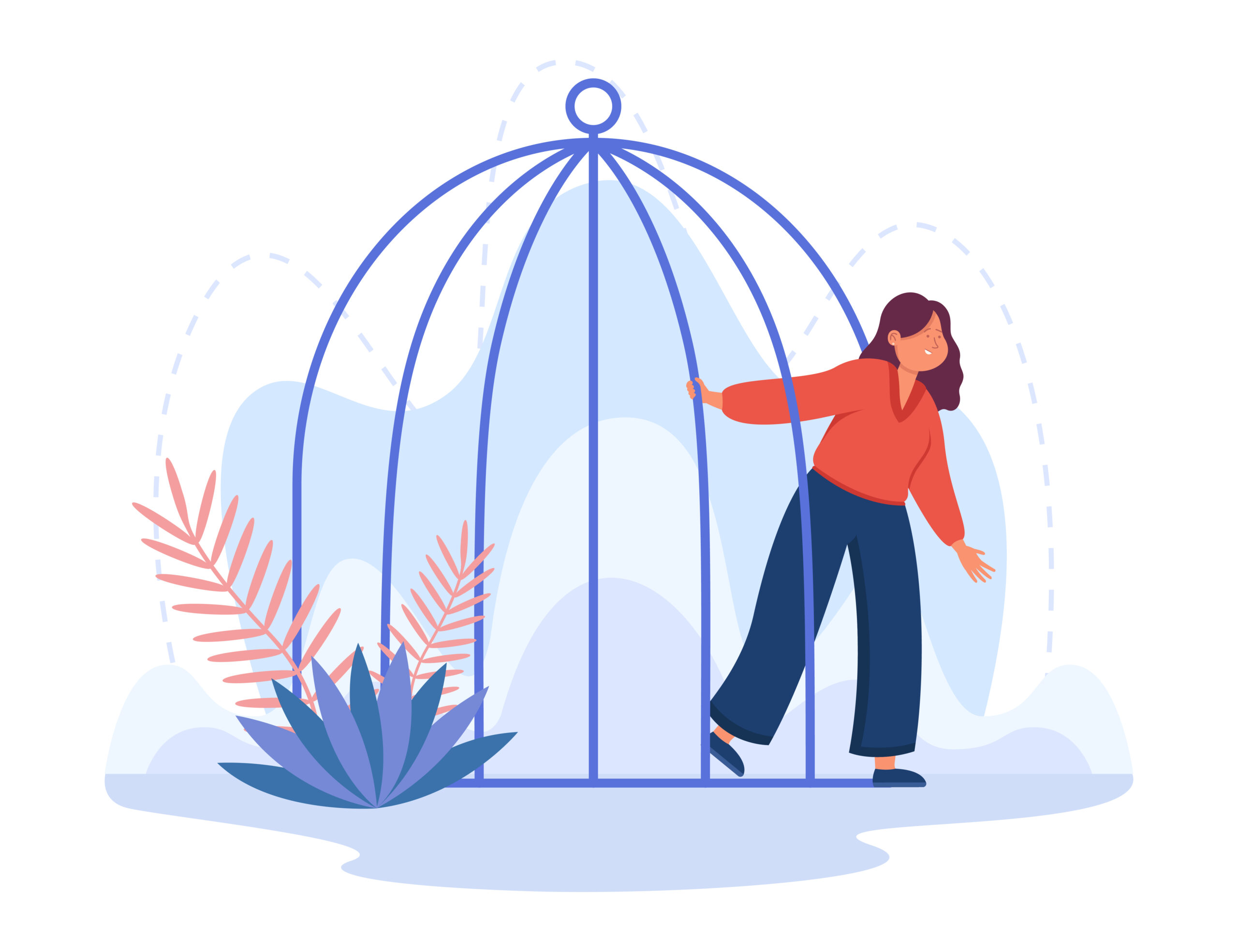 Illustration of a woman stepping out of a large birdcage, symbolizing freedom, empowerment, and breaking free from limiting beliefs.