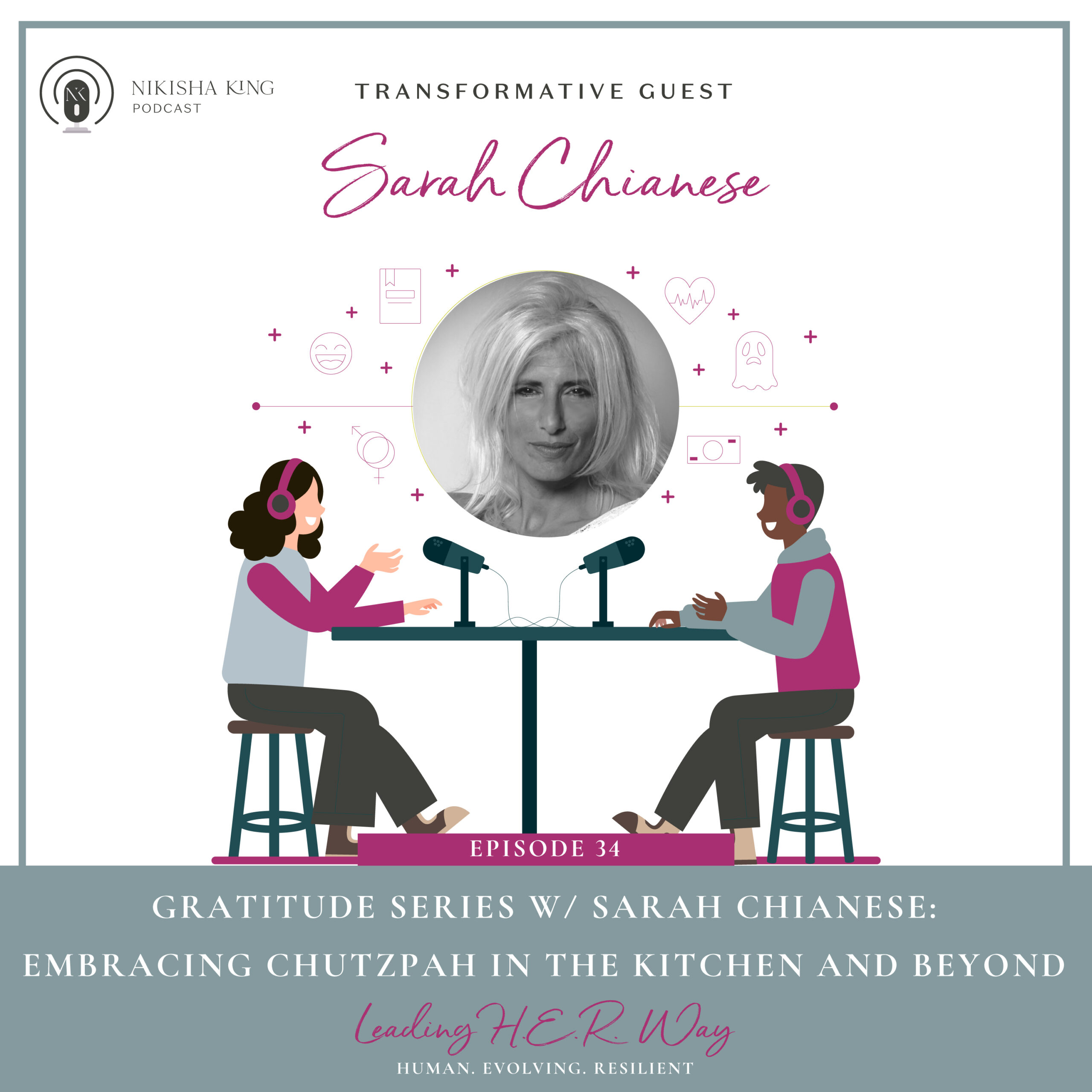 Illustration of two podcast hosts recording an episode with guest Sarah Chianese, who shares her journey of embracing courage and creativity in the kitchen and beyond. Cover art for Episode 34 of the ICONIK CEO Podcast with Nikisha King.